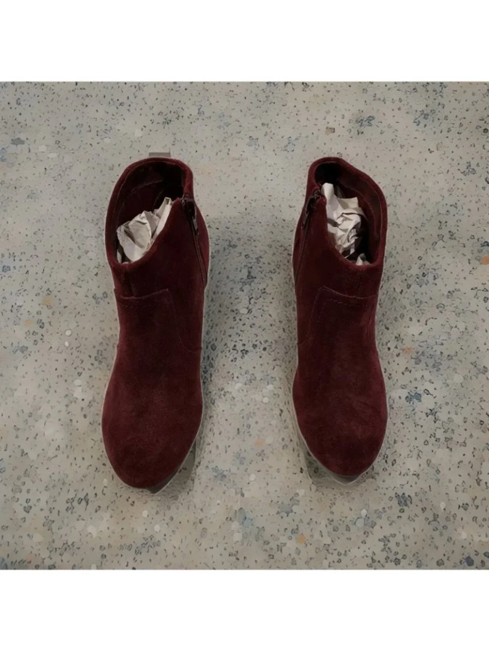 Ankle Booties Aldo Burgandy Zip Up Triangle  Heel Size 7.5 Boots Short Suede